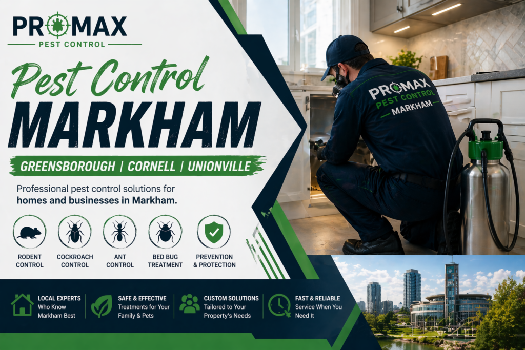 Promax Pest Control Markham technician performing indoor pest treatment in a modern home serving Greensborough, Cornell and Unionville areas