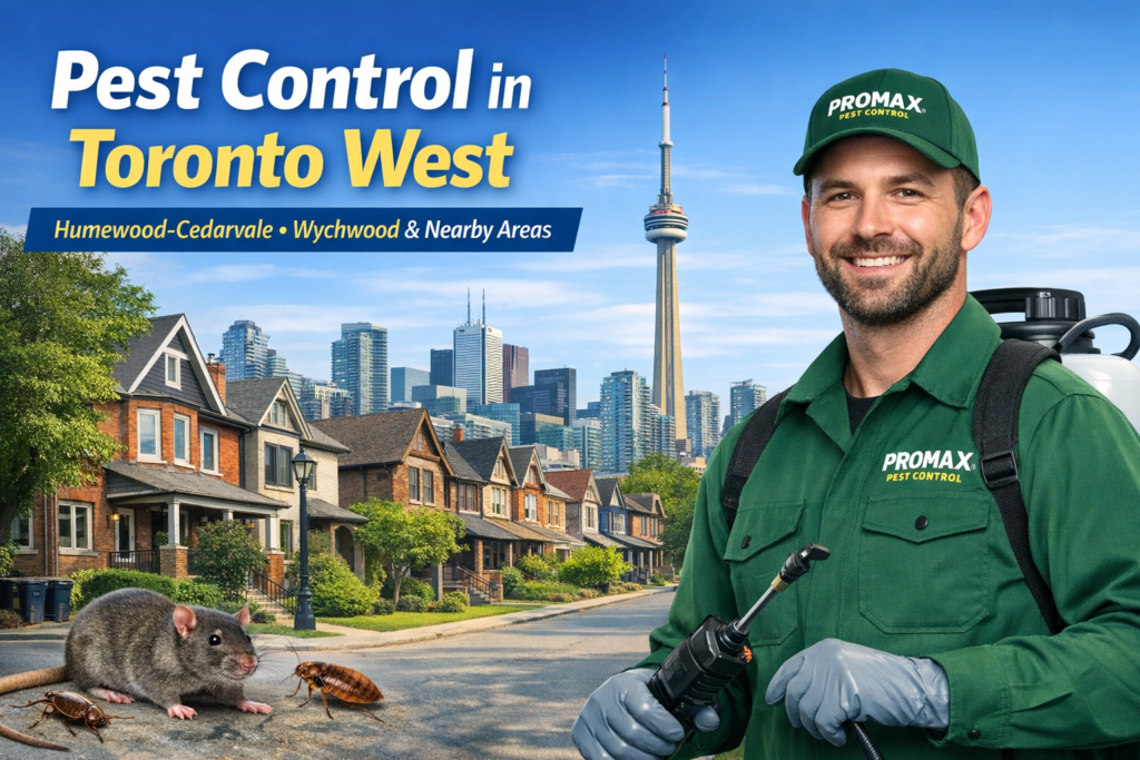 Promax Pest Control technician providing pest control services in Toronto West including Humewood-Cedarvale and Wychwood with mice and cockroach extermination.
