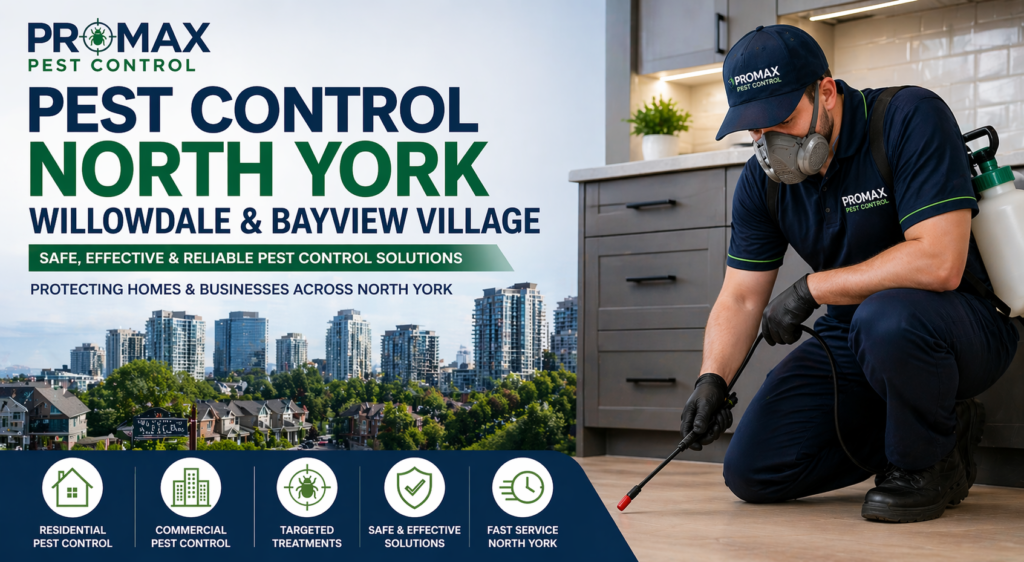 Promax Pest Control North York technician applying pest treatment inside a modern home in Willowdale and Bayview Village Toronto